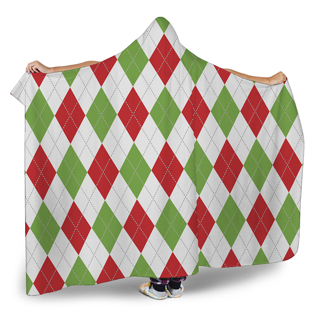 White Red And Green Argyle Pattern Print Hooded Blanket
