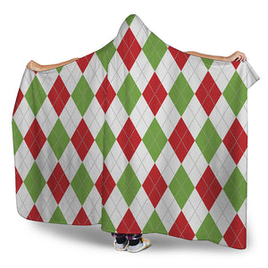 White Red And Green Argyle Pattern Print Hooded Blanket