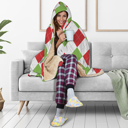 White Red And Green Argyle Pattern Print Hooded Blanket