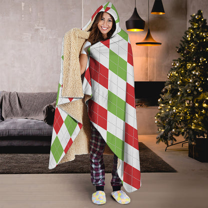 White Red And Green Argyle Pattern Print Hooded Blanket
