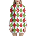 White Red And Green Argyle Pattern Print Pullover Hoodie Dress