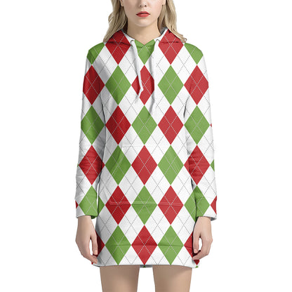 White Red And Green Argyle Pattern Print Hoodie Dress
