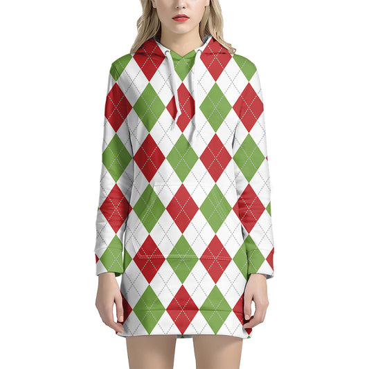 White Red And Green Argyle Pattern Print Hoodie Dress