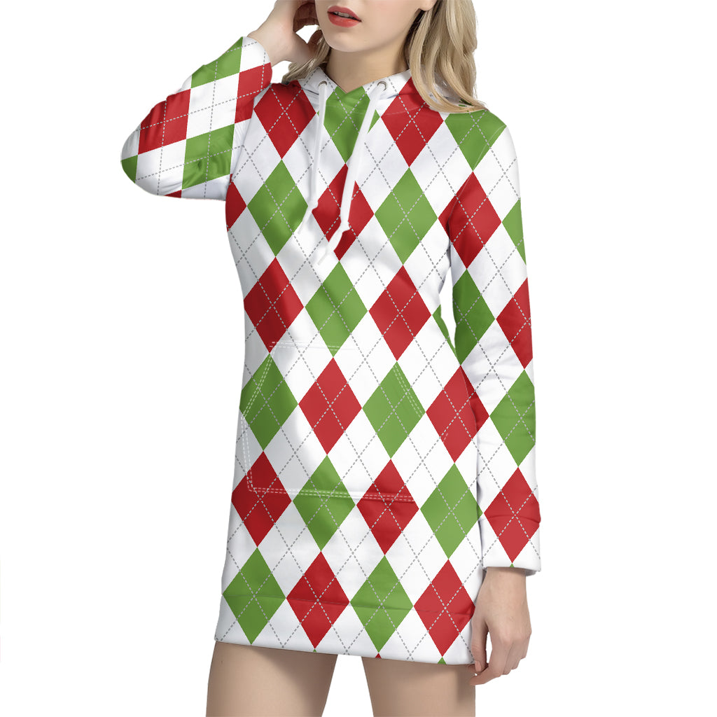 White Red And Green Argyle Pattern Print Hoodie Dress
