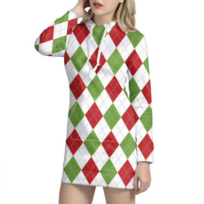 White Red And Green Argyle Pattern Print Hoodie Dress