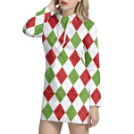 White Red And Green Argyle Pattern Print Hoodie Dress