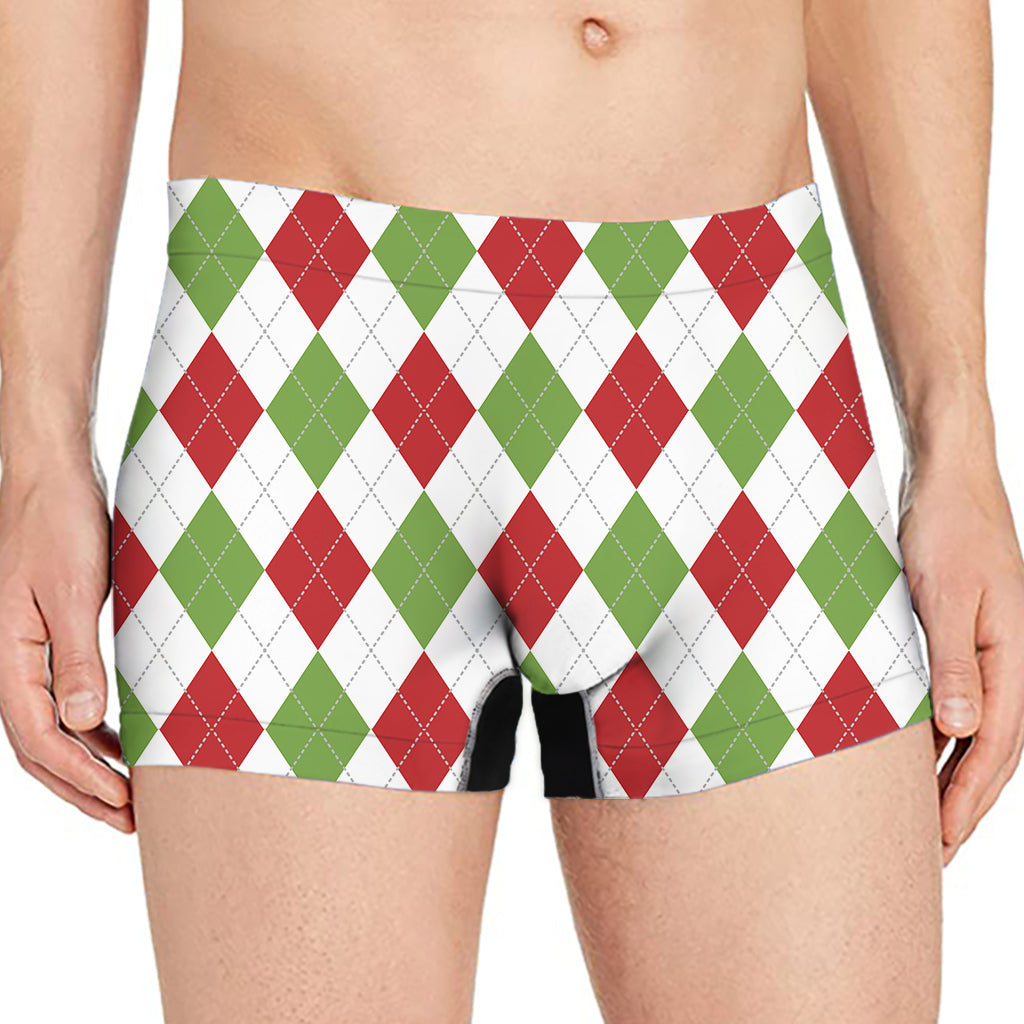 White Red And Green Argyle Pattern Print Men's Boxer Briefs