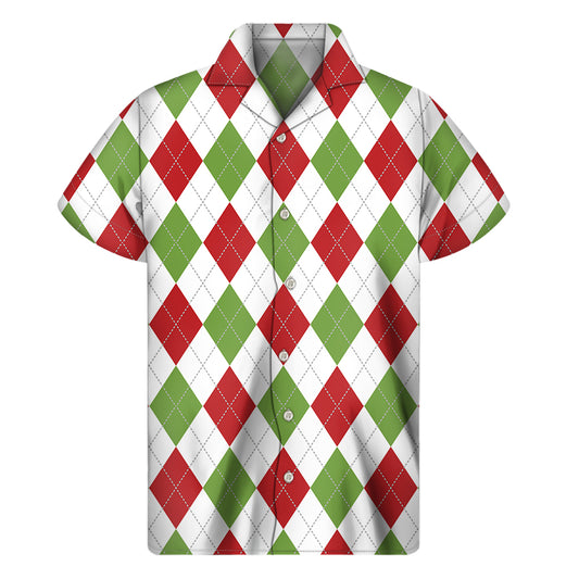 White Red And Green Argyle Pattern Print Men's Short Sleeve Shirt