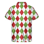 White Red And Green Argyle Pattern Print Men's Short Sleeve Shirt