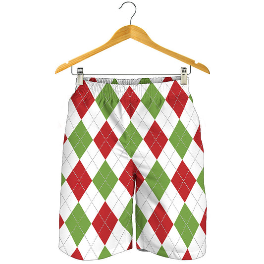 White Red And Green Argyle Pattern Print Men's Shorts
