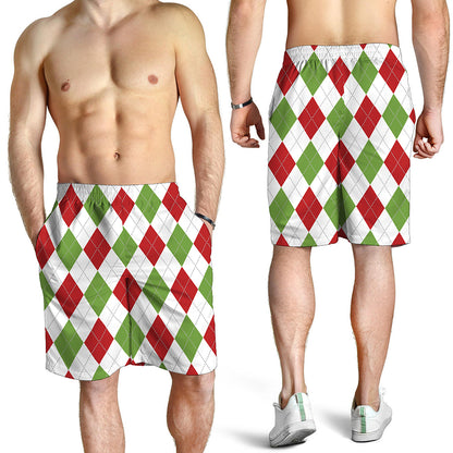 White Red And Green Argyle Pattern Print Men's Shorts