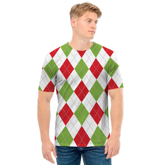 White Red And Green Argyle Pattern Print Men's T-Shirt