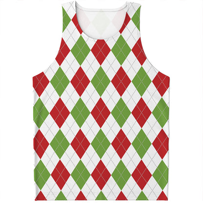 White Red And Green Argyle Pattern Print Men's Tank Top