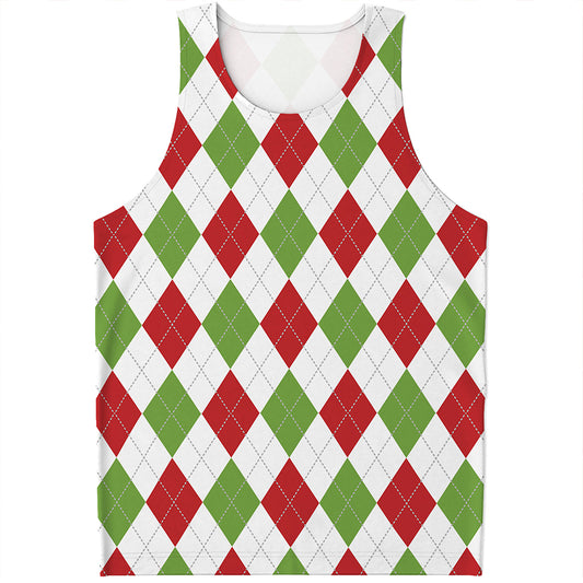 White Red And Green Argyle Pattern Print Men's Tank Top
