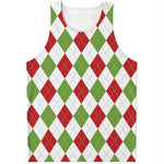 White Red And Green Argyle Pattern Print Men's Tank Top