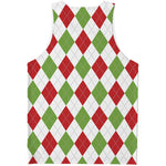 White Red And Green Argyle Pattern Print Men's Tank Top