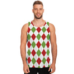 White Red And Green Argyle Pattern Print Men's Tank Top
