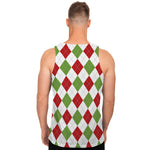 White Red And Green Argyle Pattern Print Men's Tank Top