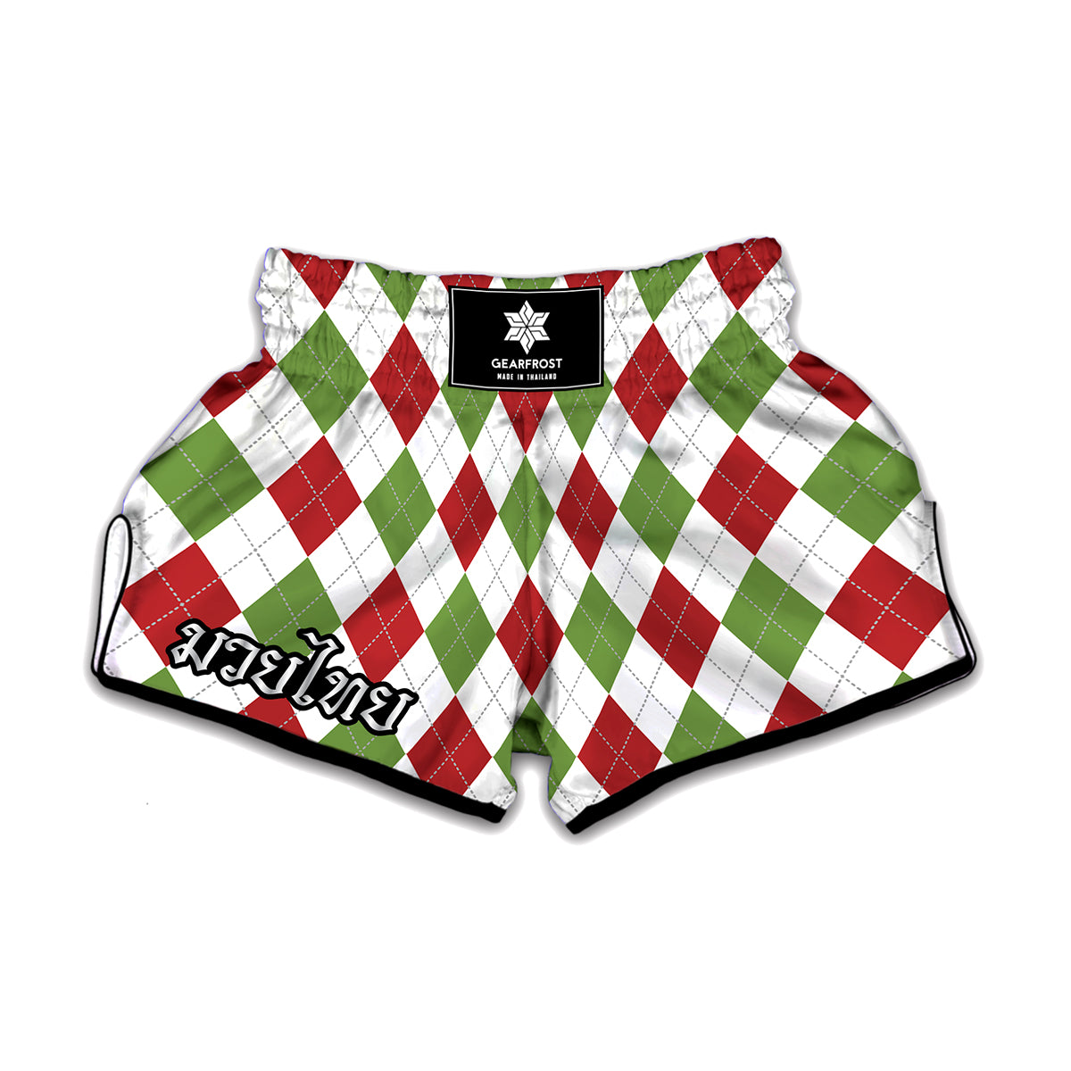 White Red And Green Argyle Pattern Print Muay Thai Boxing Shorts