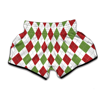 White Red And Green Argyle Pattern Print Muay Thai Boxing Shorts