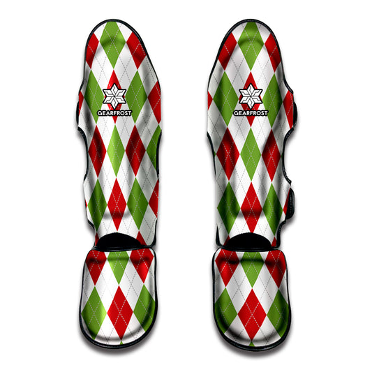 White Red And Green Argyle Pattern Print Muay Thai Shin Guard
