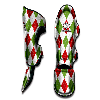 White Red And Green Argyle Pattern Print Muay Thai Shin Guard