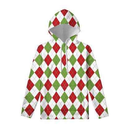 White Red And Green Argyle Pattern Print Pullover Hoodie