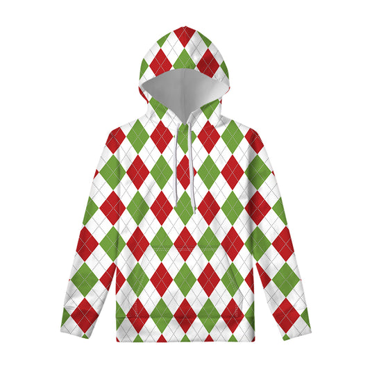 White Red And Green Argyle Pattern Print Pullover Hoodie