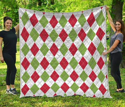 White Red And Green Argyle Pattern Print Quilt