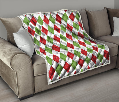 White Red And Green Argyle Pattern Print Quilt