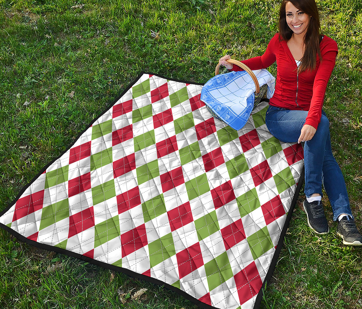 White Red And Green Argyle Pattern Print Quilt