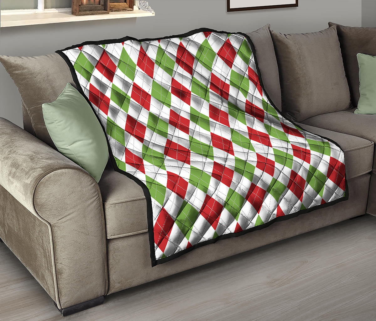 White Red And Green Argyle Pattern Print Quilt