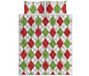 White Red And Green Argyle Pattern Print Quilt Bed Set