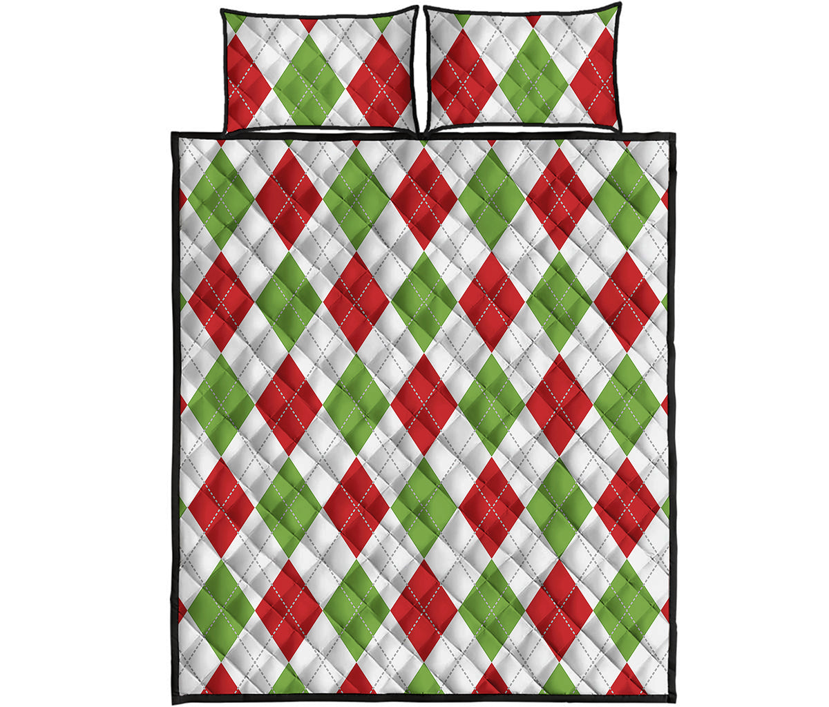 White Red And Green Argyle Pattern Print Quilt Bed Set