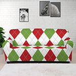 White Red And Green Argyle Pattern Print Sofa Cover