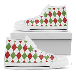 White Red And Green Argyle Pattern Print White High Top Shoes