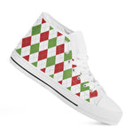 White Red And Green Argyle Pattern Print White High Top Shoes