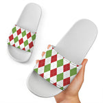 White Red And Green Argyle Pattern Print White Slide Sandals