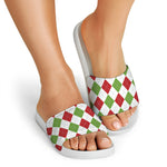 White Red And Green Argyle Pattern Print White Slide Sandals