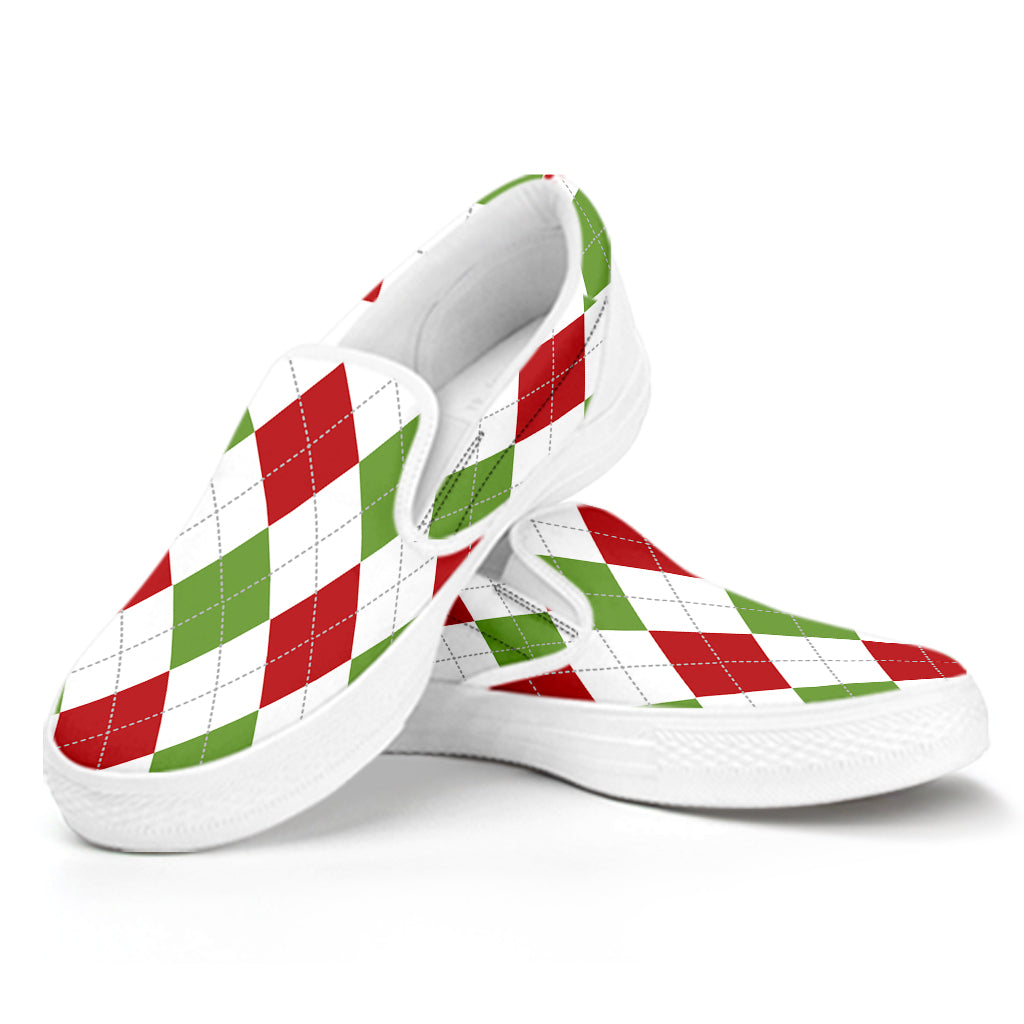 White Red And Green Argyle Pattern Print White Slip On Shoes