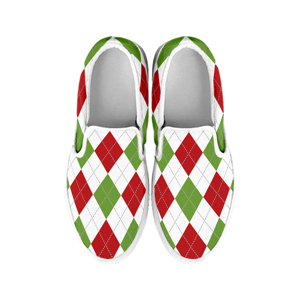 White Red And Green Argyle Pattern Print White Slip On Shoes