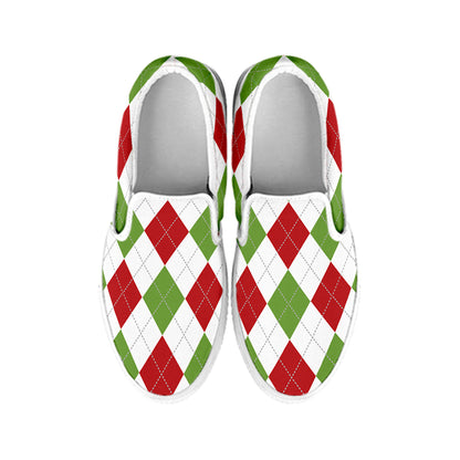 White Red And Green Argyle Pattern Print White Slip On Shoes