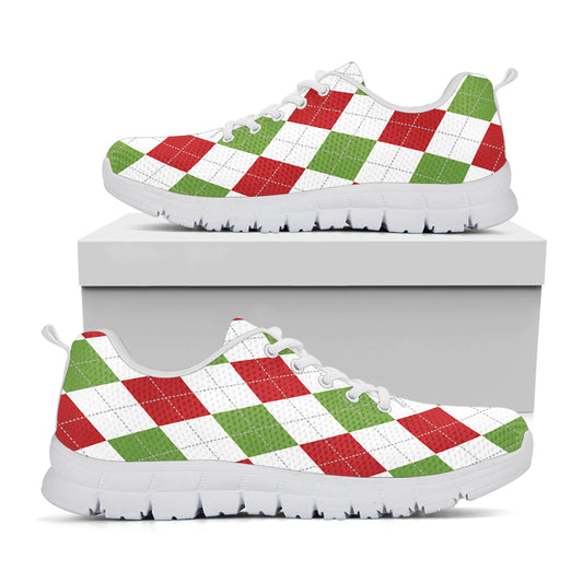 White Red And Green Argyle Pattern Print White Sneakers