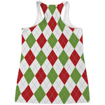 White Red And Green Argyle Pattern Print Women's Racerback Tank Top