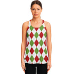 White Red And Green Argyle Pattern Print Women's Racerback Tank Top