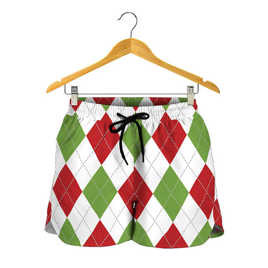 White Red And Green Argyle Pattern Print Women's Shorts