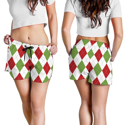 White Red And Green Argyle Pattern Print Women's Shorts