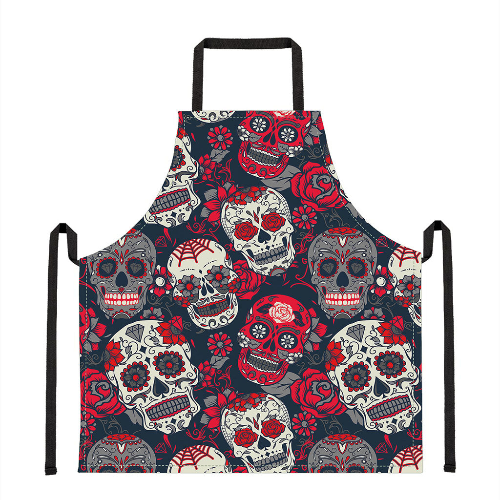 White Red Sugar Skull Pattern Print Apron