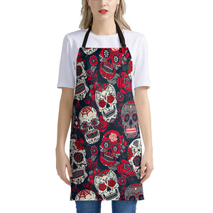 White Red Sugar Skull Pattern Print Apron