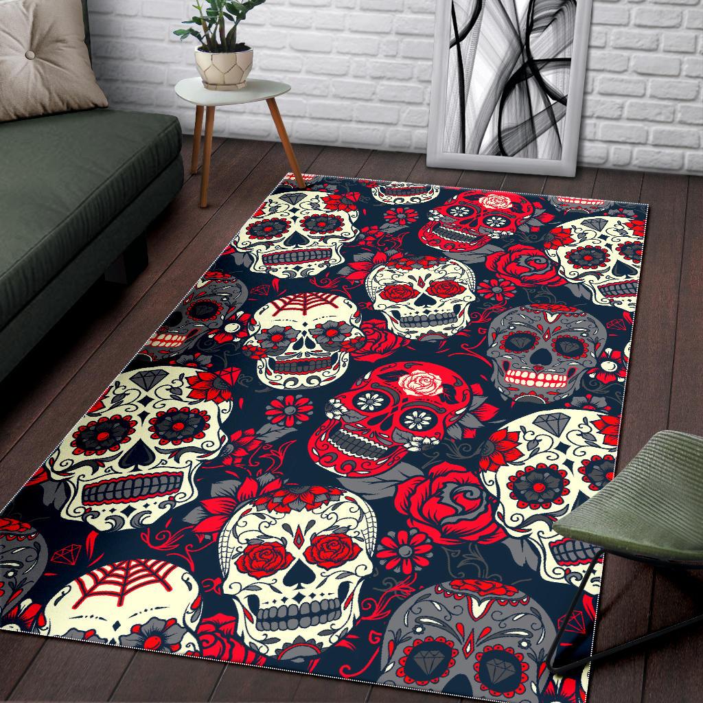 White Red Sugar Skull Pattern Print Area Rug GearFrost